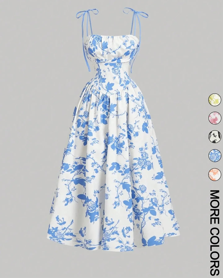 Midi Cami-jurk met Bloemenprint en Strikbandjes, Geschikt voor Grotere Maten