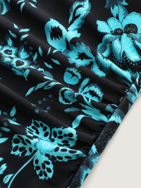 Tweedelig Badpak met Bloemenprint, Gerimpeld Gaas en Sarong