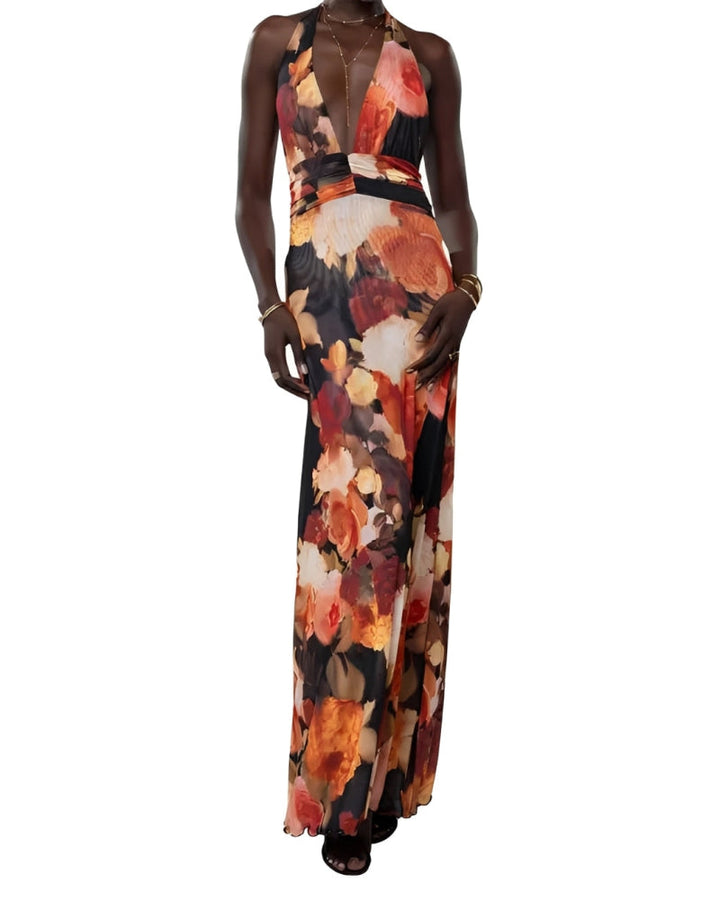 Maxi-jurk voor dames met bloemenprint, stippen en halternek zonder rug