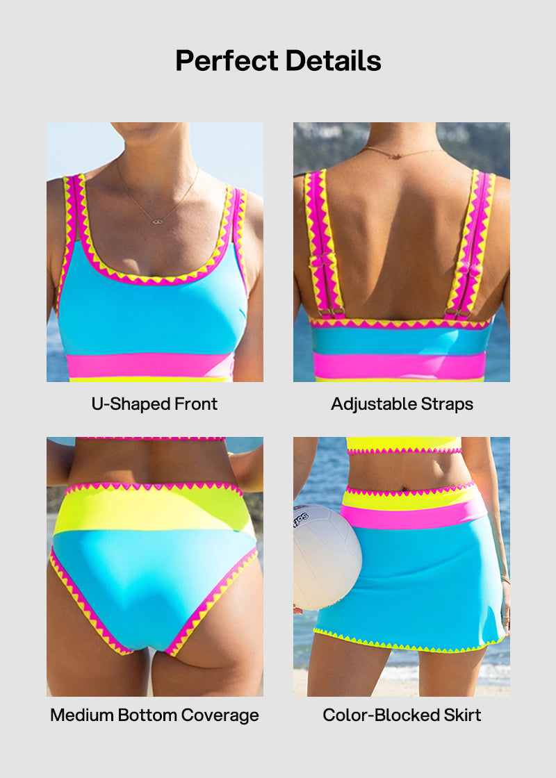 Kleurencontrast Patchwork Nylon Sportieve 3-delige Bikinisets