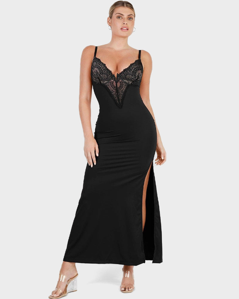 Maxi Jurk met Diepe V-Hals, Kanten Details, Hoge Split en Ingebouwde Corrigerende Shapewear