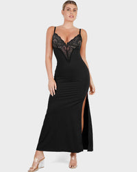 Maxi Jurk met Diepe V-Hals, Kanten Details, Hoge Split en Ingebouwde Corrigerende Shapewear