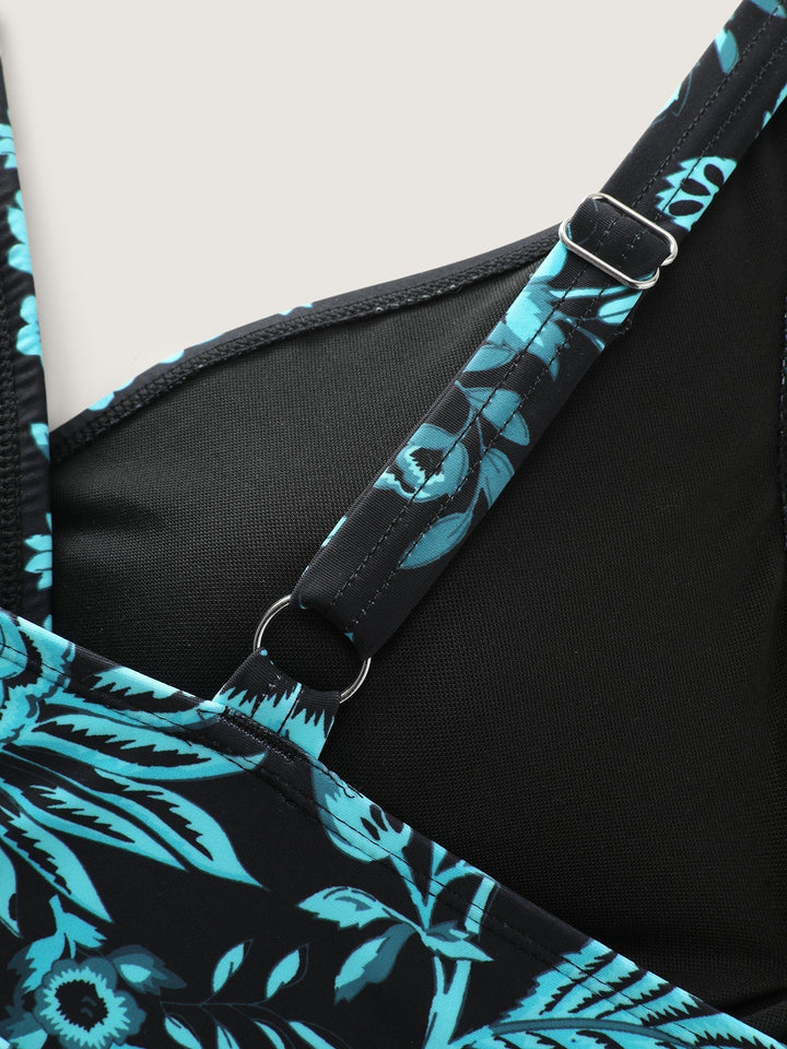 Tweedelig Badpak met Bloemenprint, Gerimpeld Gaas en Sarong