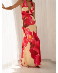 Maxi-jurk voor dames met bloemenprint, stippen en halternek zonder rug