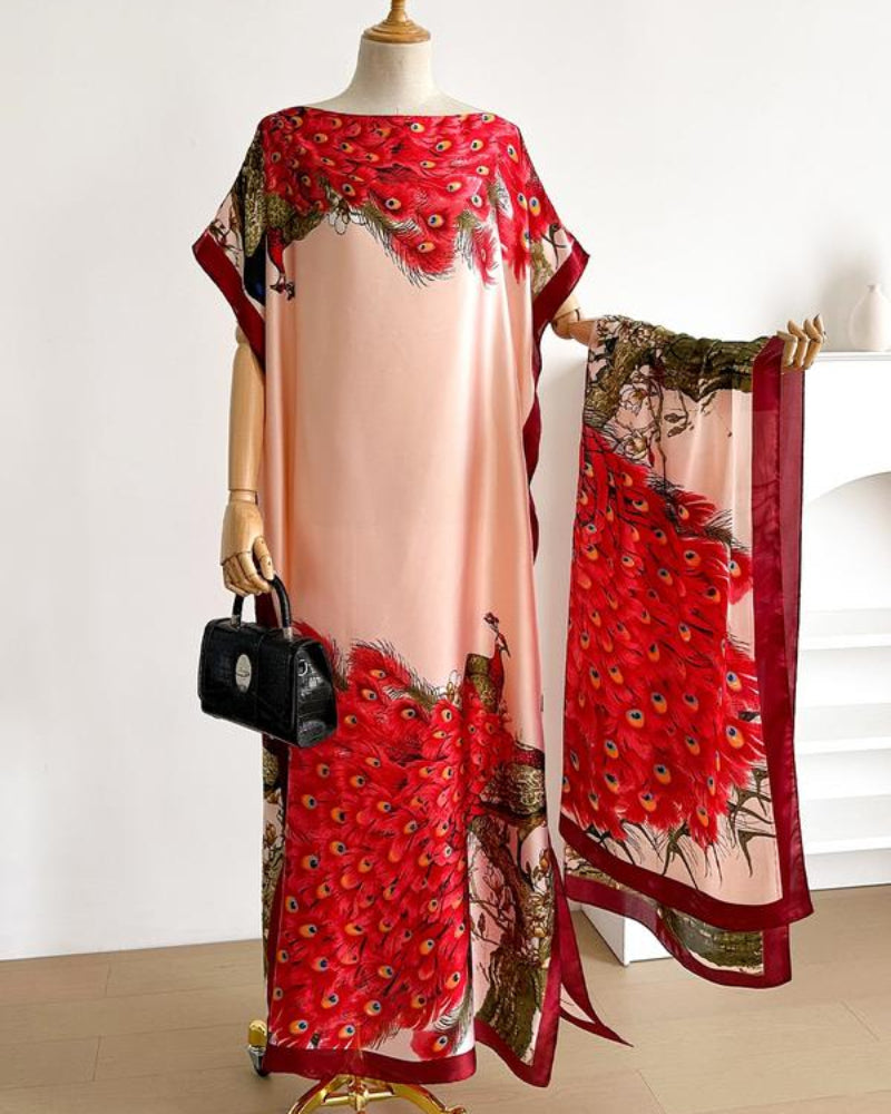 Dames sjaal en omslagdoek set met pauwenprint – elegante strandbedekking