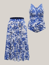 Tweedelig Badpak met Bloemenprint, Gerimpeld Gaas en Sarong
