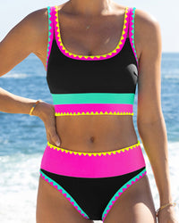 Kleurencontrast Patchwork Nylon Sportieve 3-delige Bikinisets