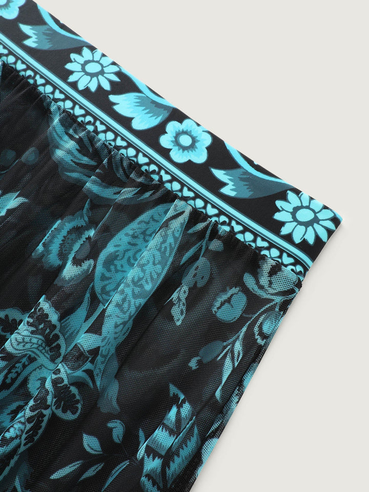 Tweedelig Badpak met Bloemenprint, Gerimpeld Gaas en Sarong