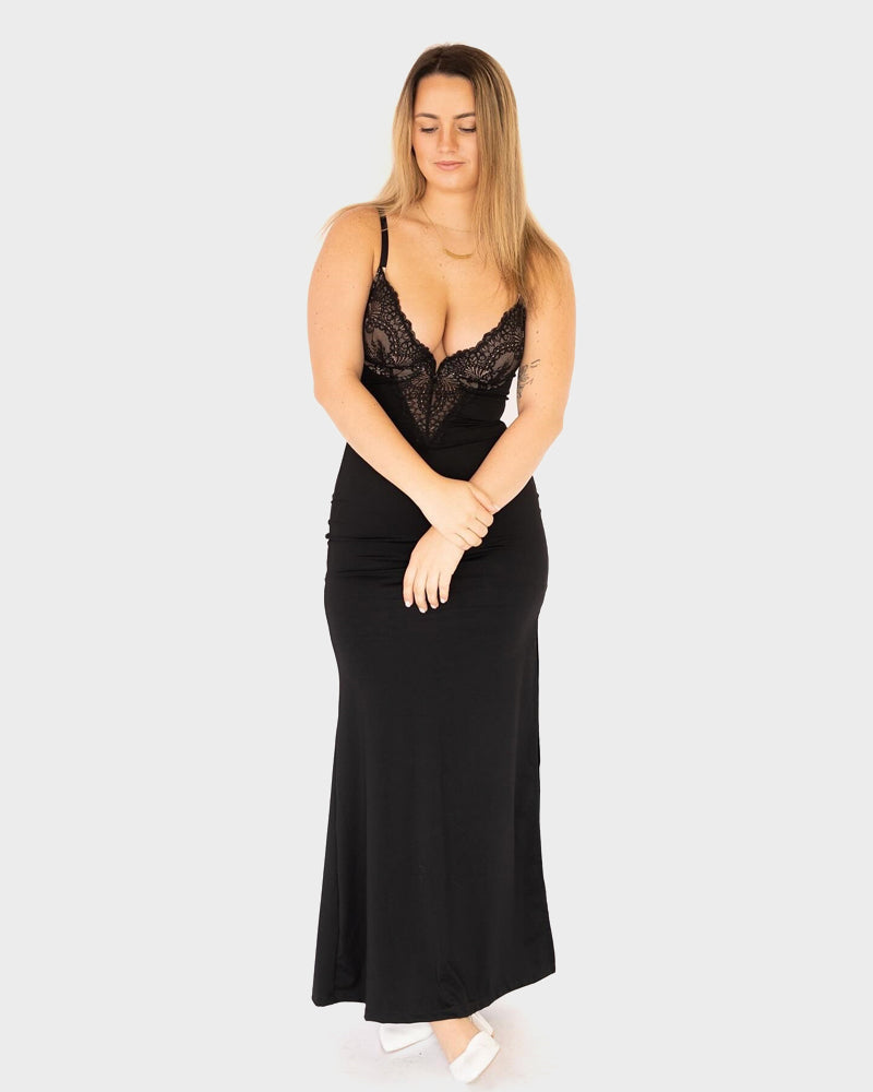 Maxi Jurk met Diepe V-Hals, Kanten Details, Hoge Split en Ingebouwde Corrigerende Shapewear
