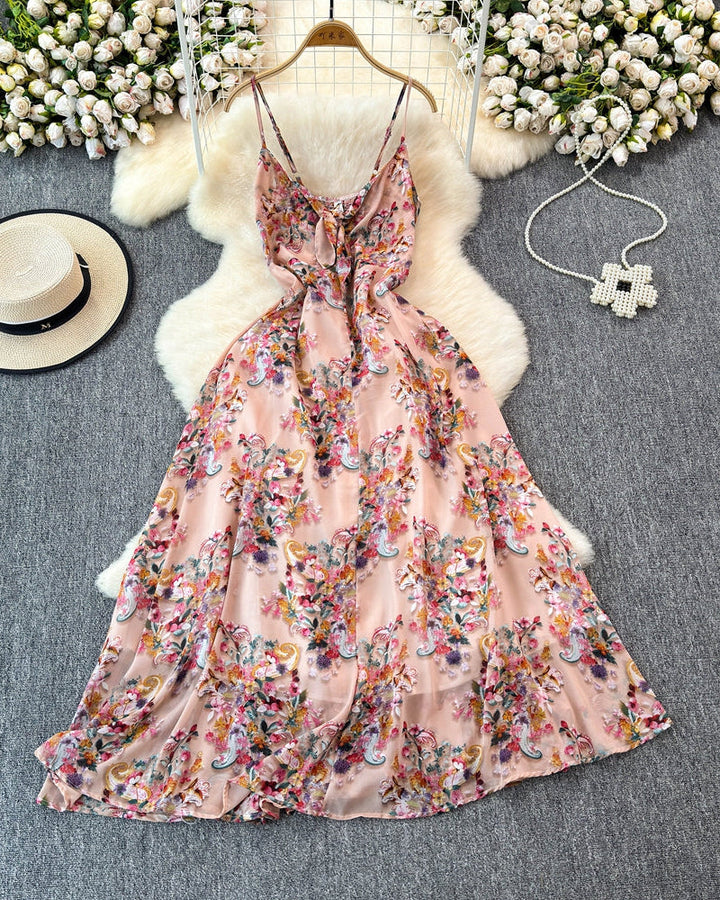Boho A-lijn jurk met spaghettibandjes en bloemenprint – Zomerse strandvakantie cami-jurk