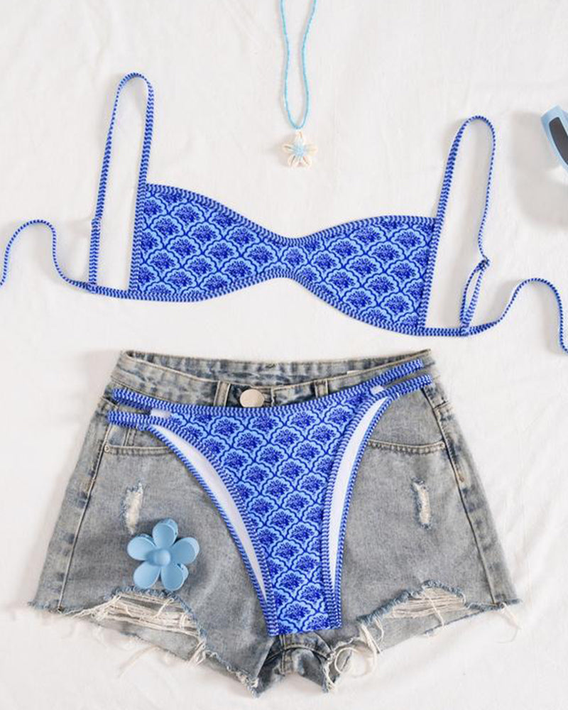 Bloemen tweedelige bikiniset met open rug