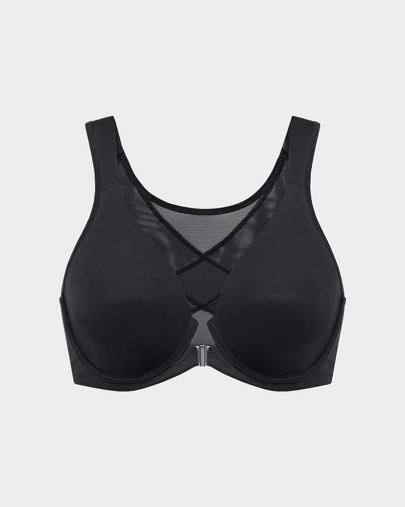 Bralette met voorsluiting, zonder voering, met beugel, diepe V-hals en rugondersteuning