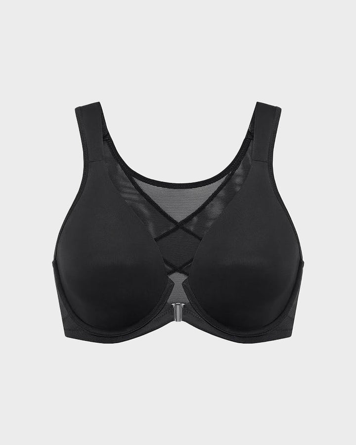 Bralette met voorsluiting, zonder voering, met beugel, diepe V-hals en rugondersteuning