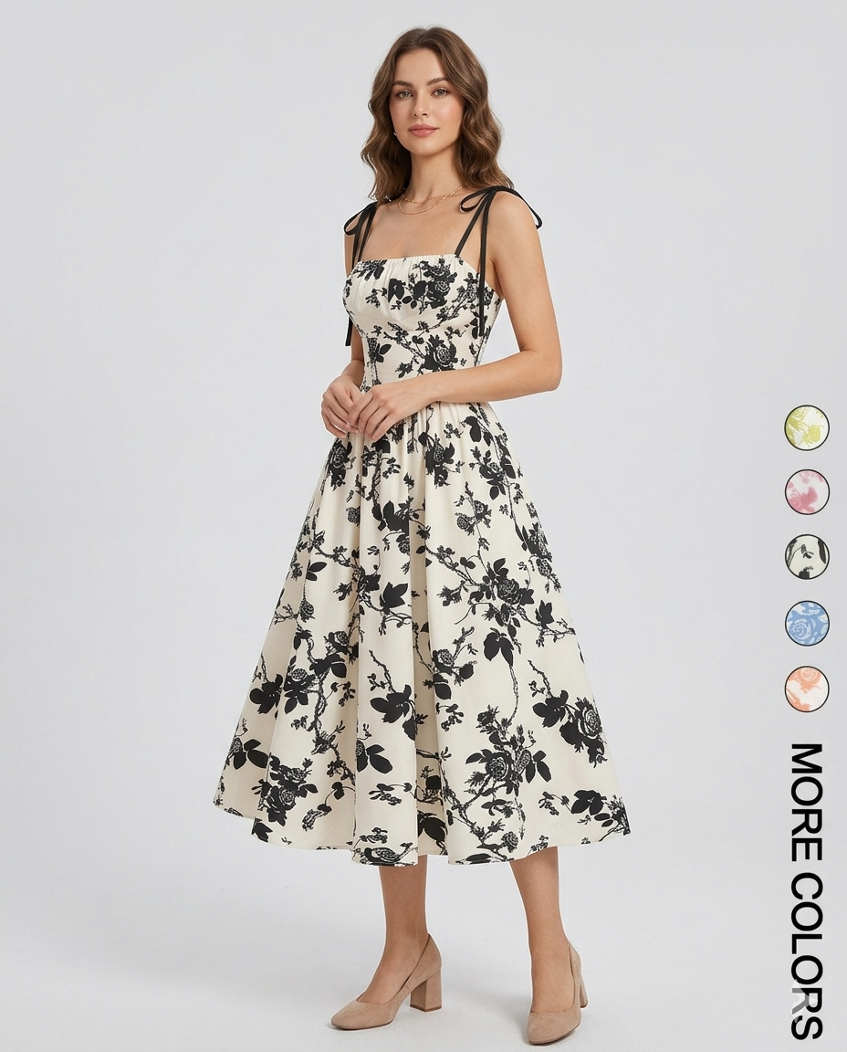 Midi Cami-jurk met Bloemenprint en Strikbandjes, Geschikt voor Grotere Maten