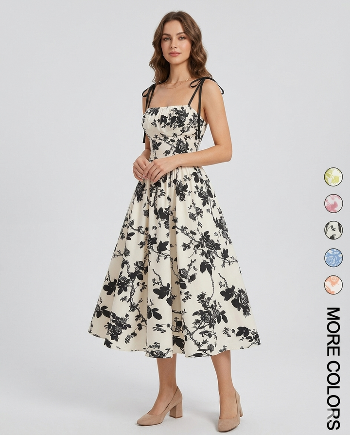 Midi Cami-jurk met Bloemenprint en Strikbandjes, Geschikt voor Grotere Maten