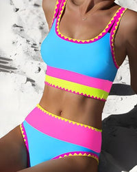 Kleurencontrast Patchwork Nylon Sportieve 3-delige Bikinisets