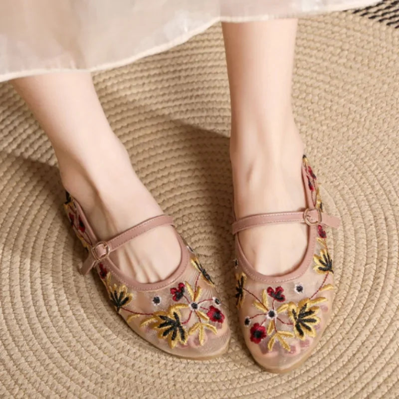 Elowen Bloom – Geborduurde Mesh Mary Jane Ballerina's