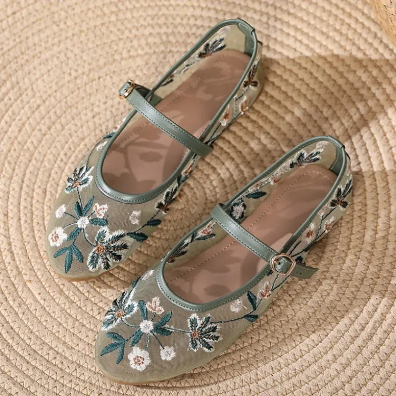 Elowen Bloom – Geborduurde Mesh Mary Jane Ballerina's