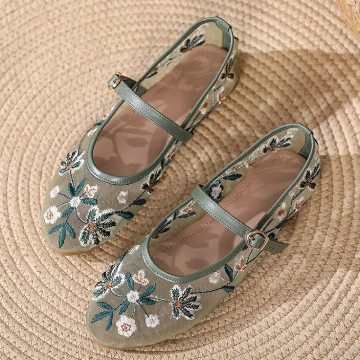 Elowen Bloom – Geborduurde Mesh Mary Jane Ballerina's