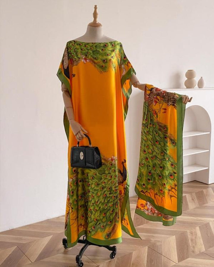 Dames sjaal en omslagdoek set met pauwenprint – elegante strandbedekking