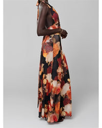 Maxi-jurk voor dames met bloemenprint, stippen en halternek zonder rug