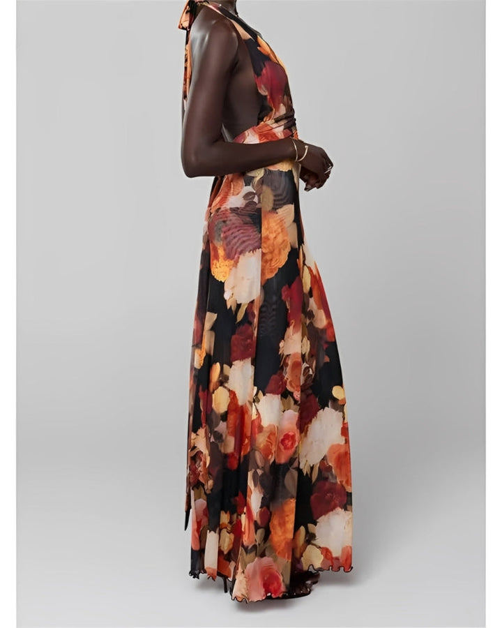 Maxi-jurk voor dames met bloemenprint, stippen en halternek zonder rug