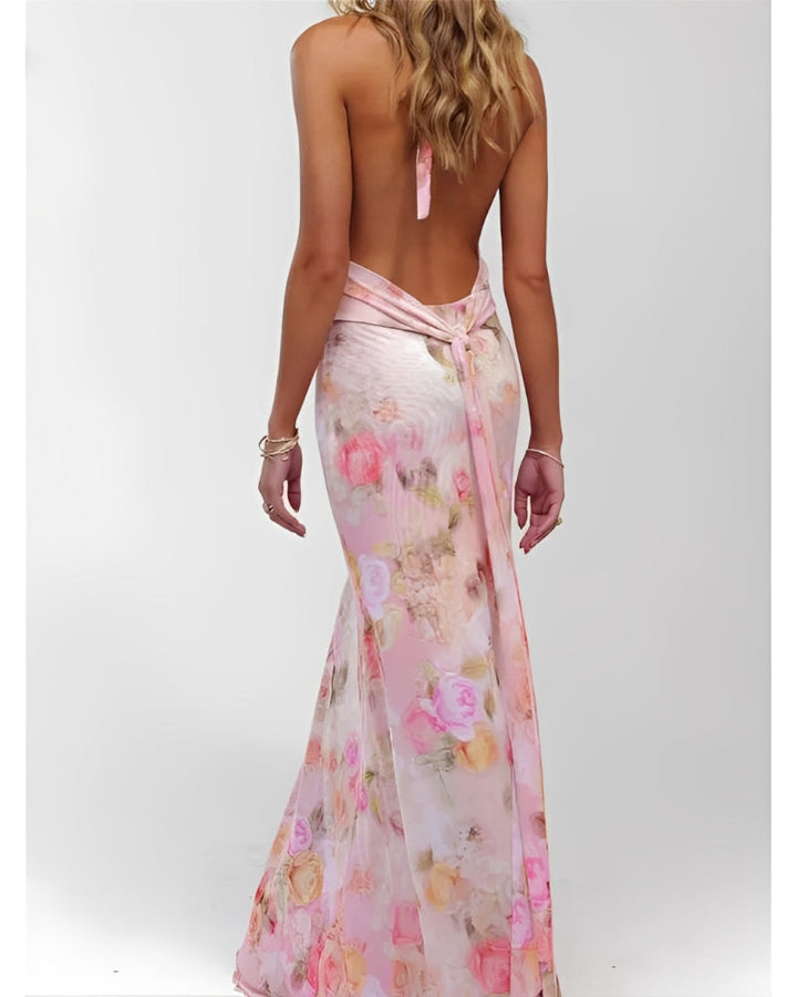 Maxi-jurk voor dames met bloemenprint, stippen en halternek zonder rug