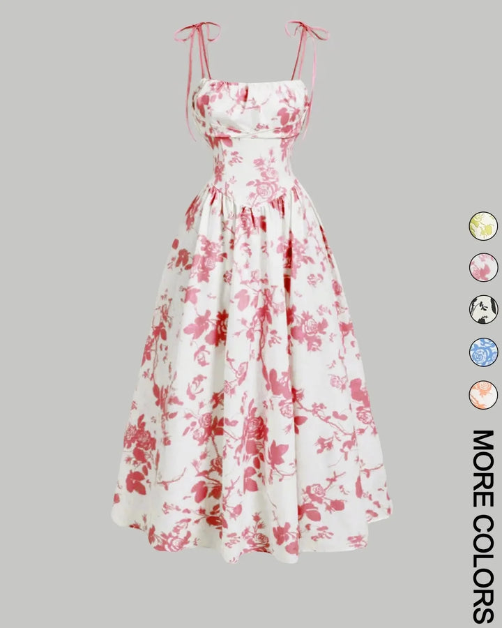 Midi Cami-jurk met Bloemenprint en Strikbandjes, Geschikt voor Grotere Maten