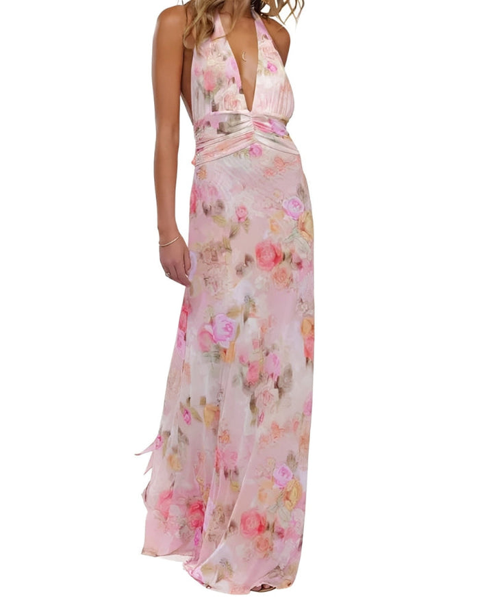 Maxi-jurk voor dames met bloemenprint, stippen en halternek zonder rug
