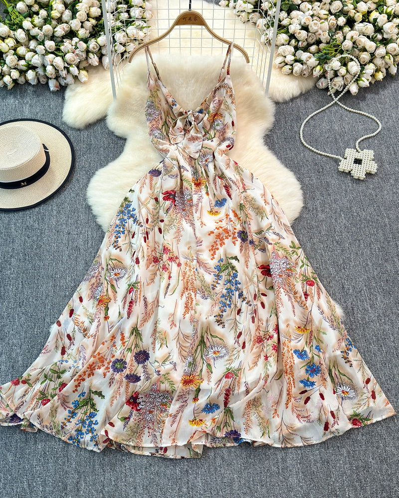 Boho A-lijn jurk met spaghettibandjes en bloemenprint – Zomerse strandvakantie cami-jurk
