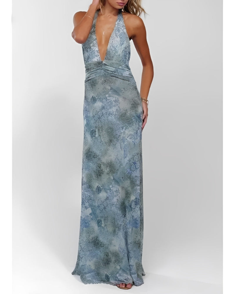 Maxi-jurk voor dames met bloemenprint, stippen en halternek zonder rug