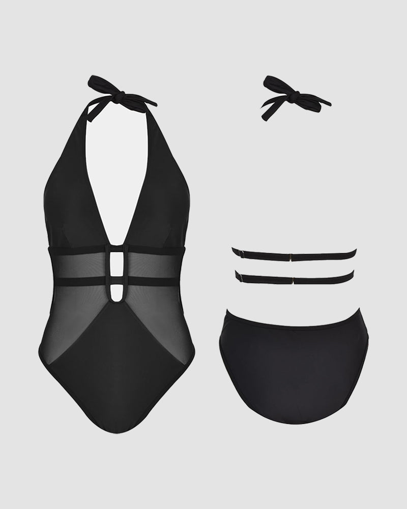 Mesh Deep V-Hals Halter Badpak