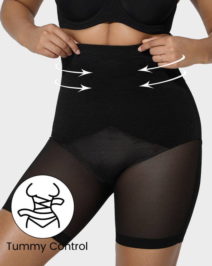High-Waist Criss-Cross Mesh Corrigerende Shorts tot Halverwege de Dij