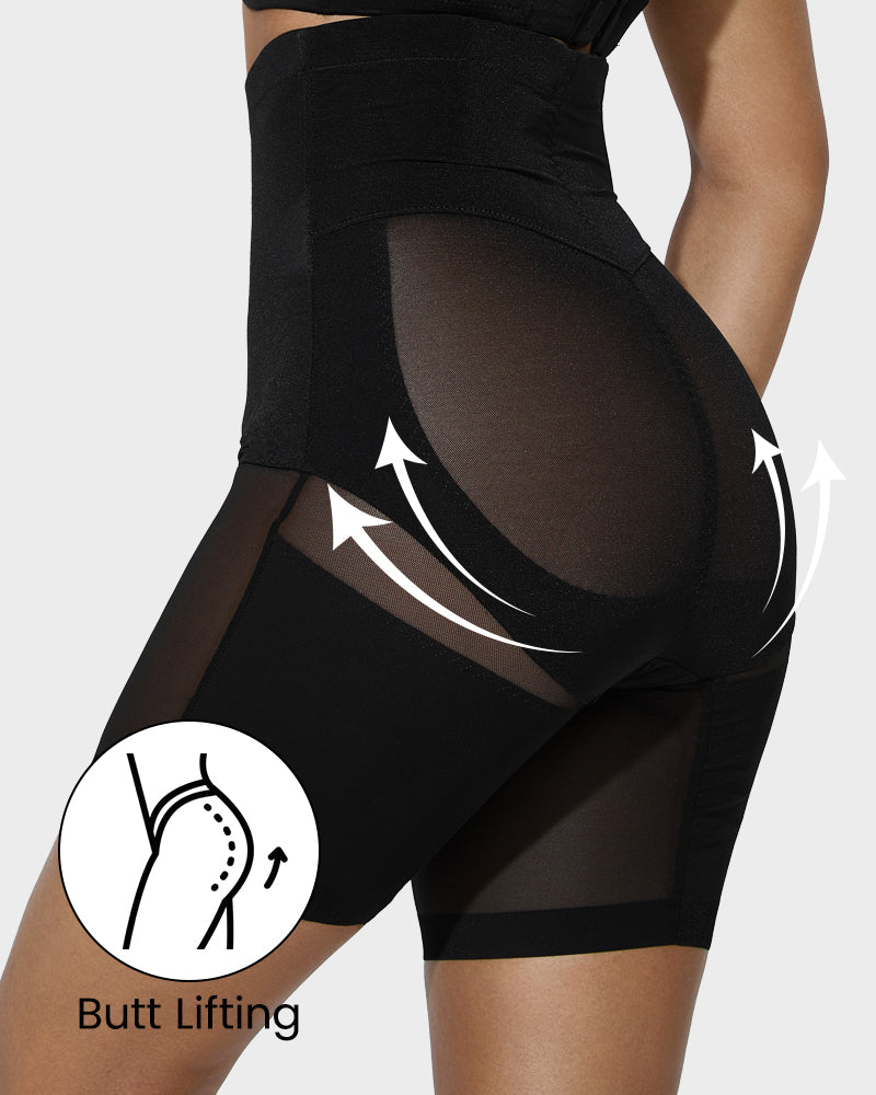 High-Waist Criss-Cross Mesh Corrigerende Shorts tot Halverwege de Dij