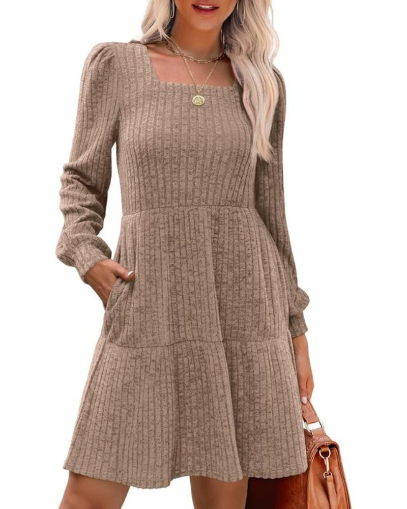 Damesjurken met vierkante hals, lange mouwen, voor de herfst, casual babydoll-truijurk