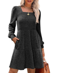 Damesjurken met vierkante hals, lange mouwen, voor de herfst, casual babydoll-truijurk