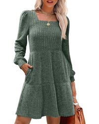 Damesjurken met vierkante hals, lange mouwen, voor de herfst, casual babydoll-truijurk