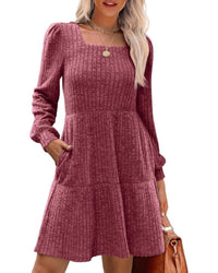 Damesjurken met vierkante hals, lange mouwen, voor de herfst, casual babydoll-truijurk