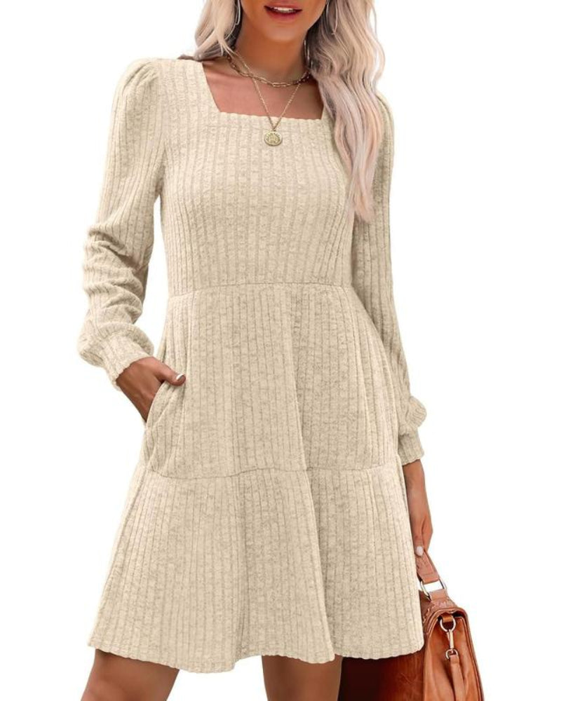 Damesjurken met vierkante hals, lange mouwen, voor de herfst, casual babydoll-truijurk