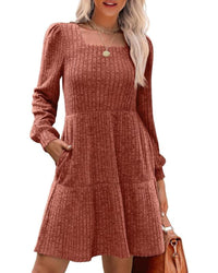 Damesjurken met vierkante hals, lange mouwen, voor de herfst, casual babydoll-truijurk