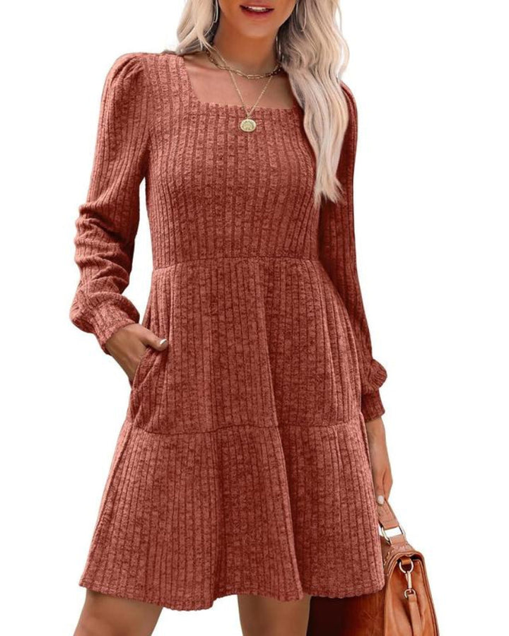 Damesjurken met vierkante hals, lange mouwen, voor de herfst, casual babydoll-truijurk