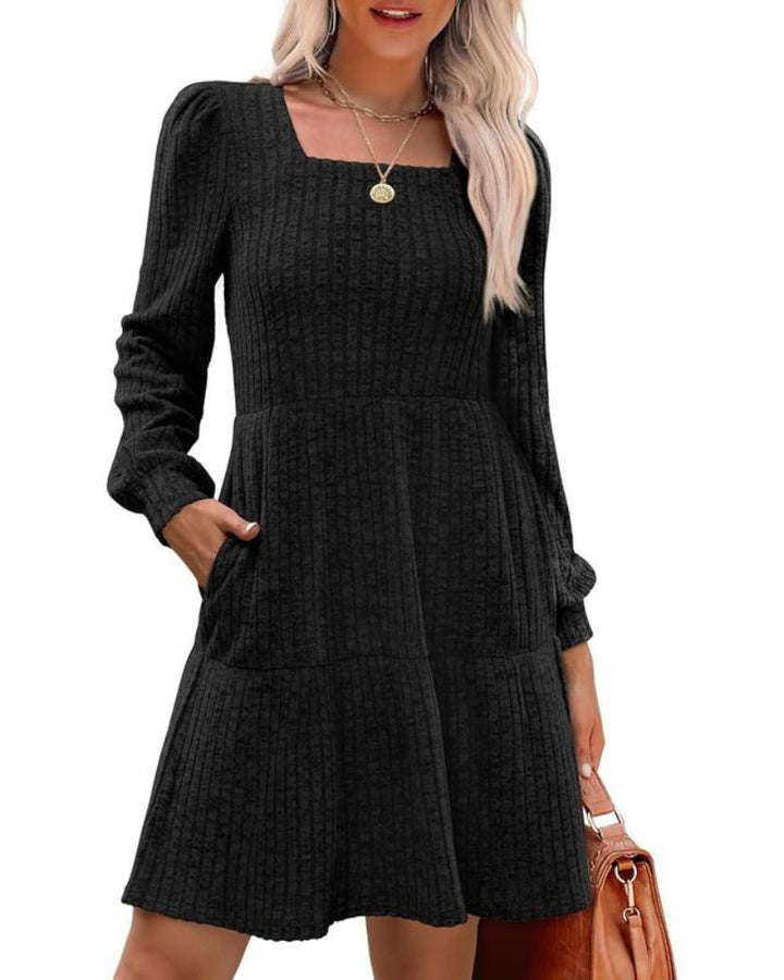 Damesjurken met vierkante hals, lange mouwen, voor de herfst, casual babydoll-truijurk