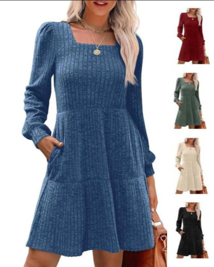 Damesjurken met vierkante hals, lange mouwen, voor de herfst, casual babydoll-truijurk