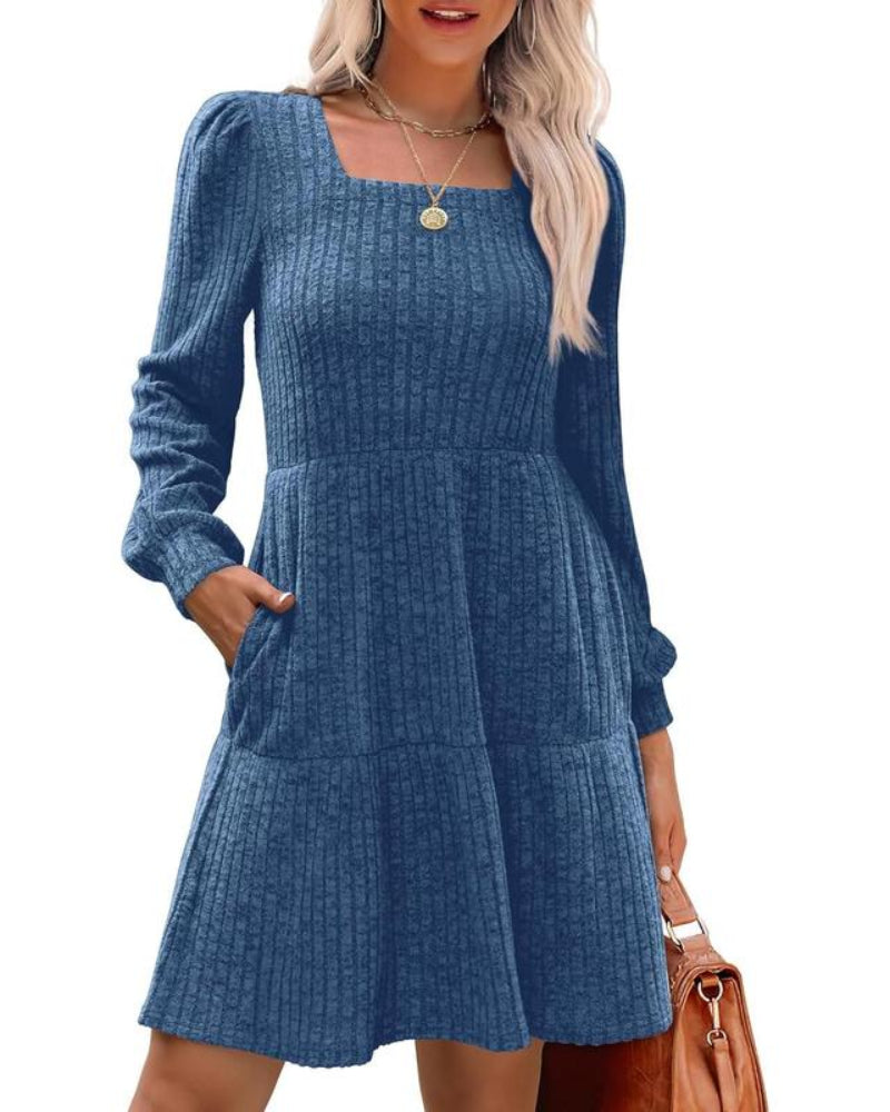 Damesjurken met vierkante hals, lange mouwen, voor de herfst, casual babydoll-truijurk