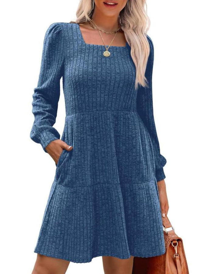 Damesjurken met vierkante hals, lange mouwen, voor de herfst, casual babydoll-truijurk