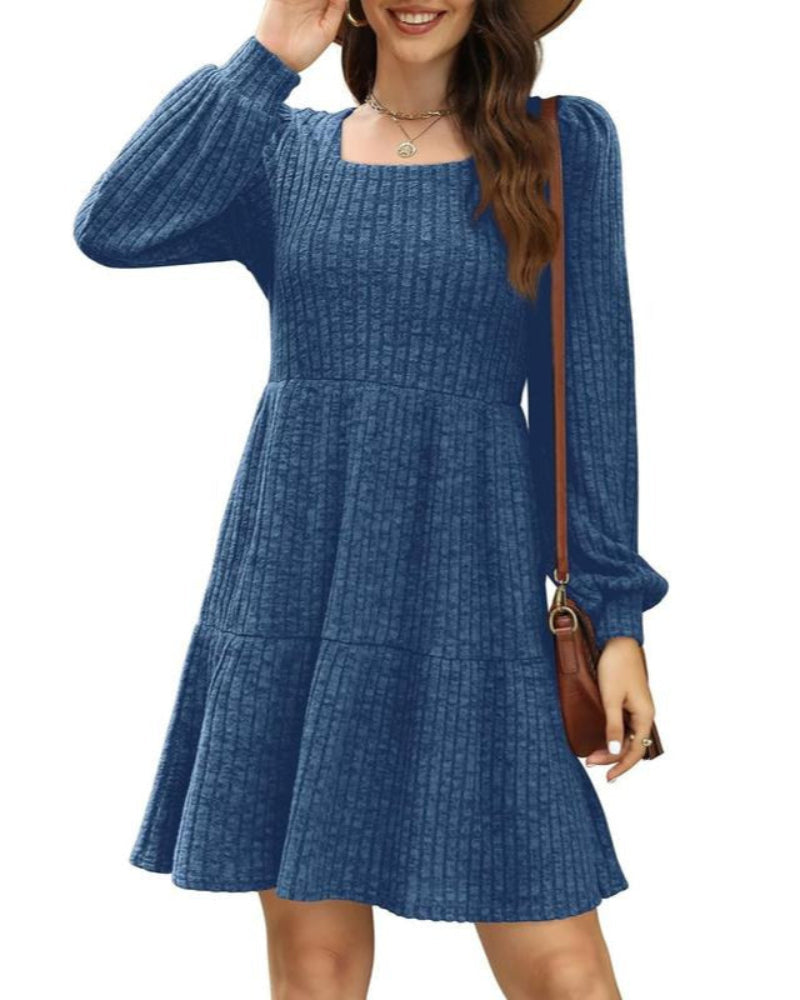 Damesjurken met vierkante hals, lange mouwen, voor de herfst, casual babydoll-truijurk