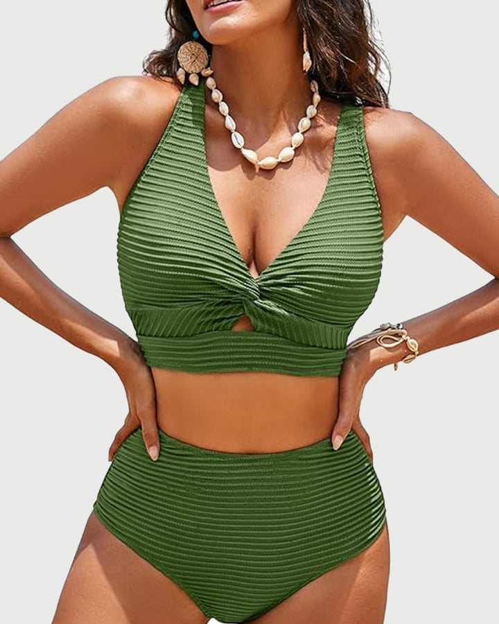 Bikiniset met hoge taille en geknoopt detail van textuurstof