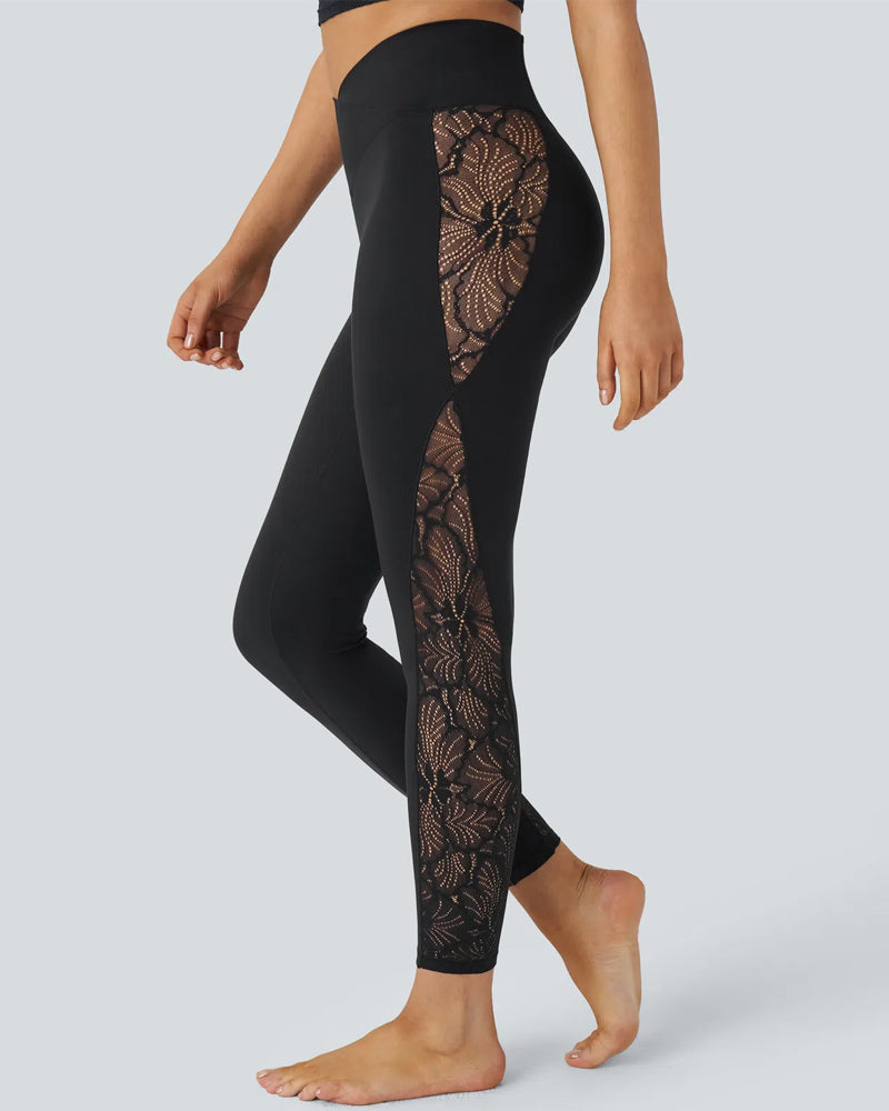 Stijlvolle Yoga Legging Met Hoge Taille, Overlappend Contrast Kantpaneel