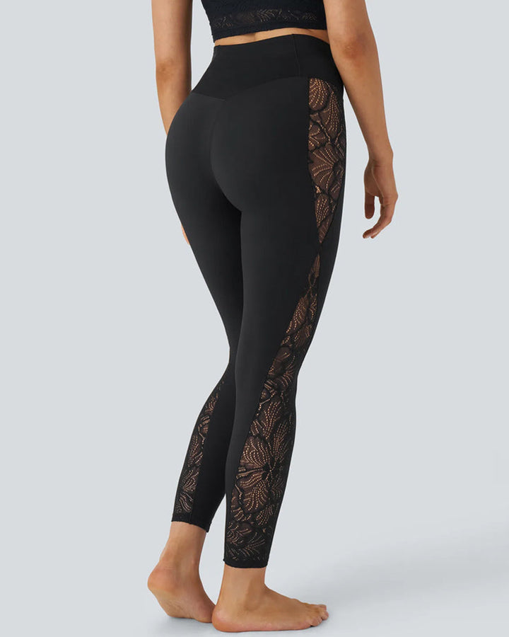 Stijlvolle Yoga Legging Met Hoge Taille, Overlappend Contrast Kantpaneel
