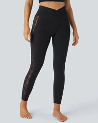 Stijlvolle Yoga Legging Met Hoge Taille, Overlappend Contrast Kantpaneel